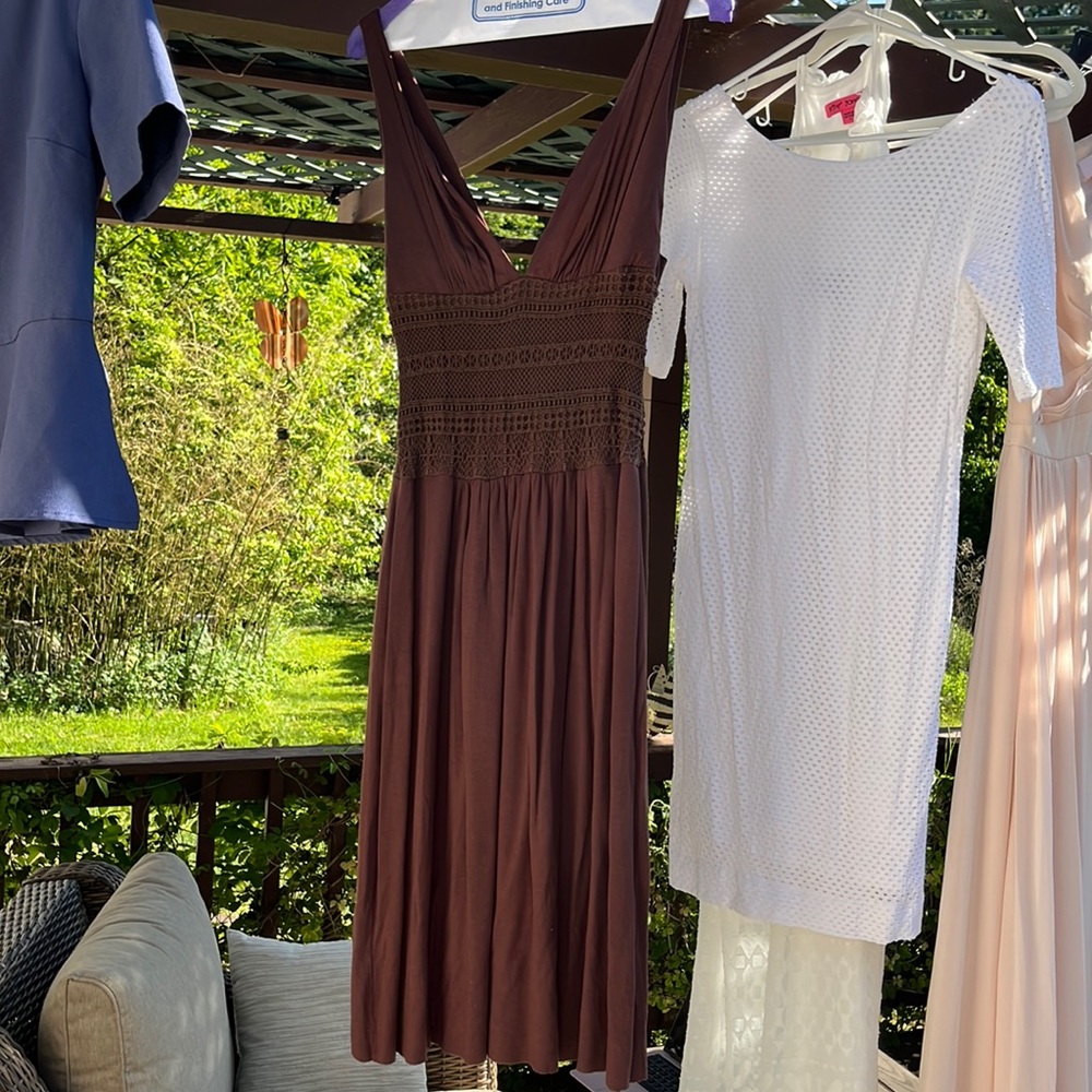 Brown MIDI Dress with Crochet Detail